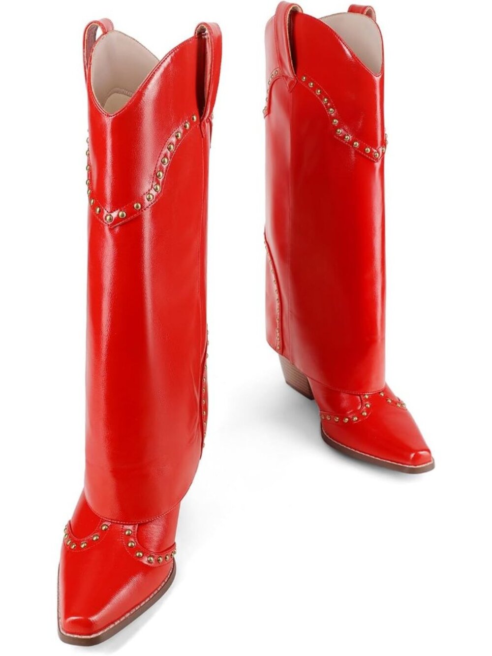Woman's Red Patent Snip Toe Knee High Shark Chunky Heel Cowgirl Western Boots - Picture 2 of 5